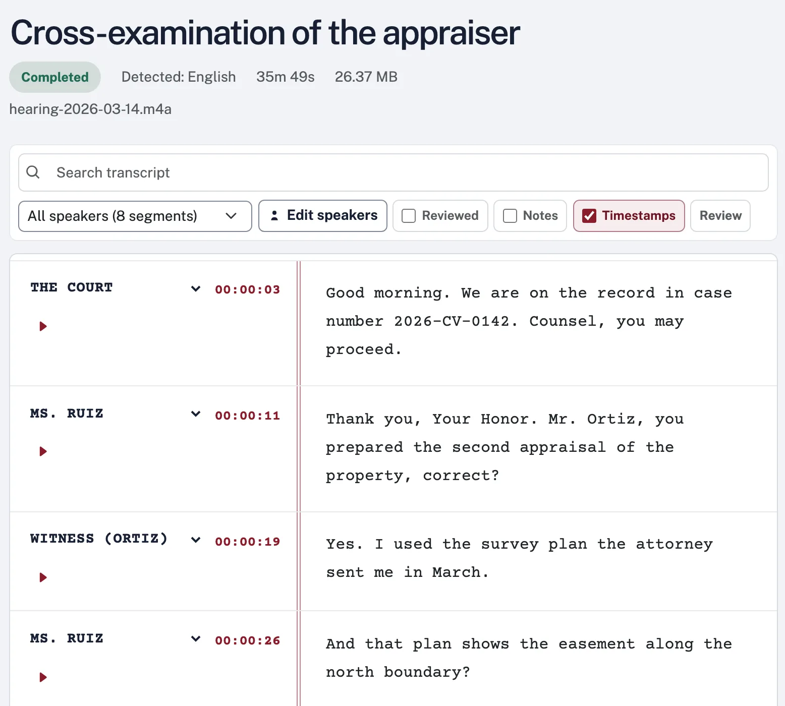 The VozyScribe editor showing a hearing transcript: each line with its speaker, the time it was said and a play button.